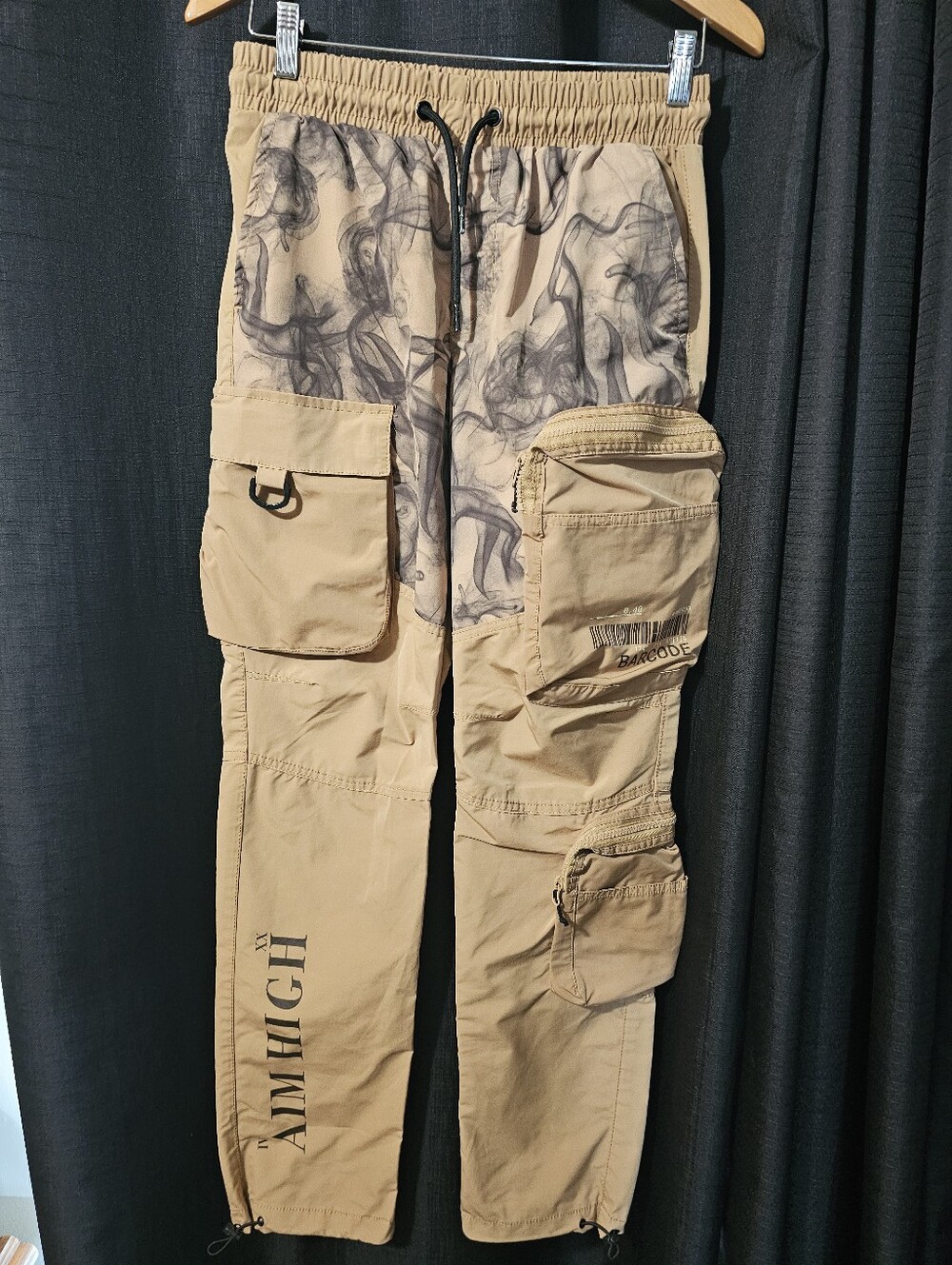 WT02 Cargo Pants Men's Tan Elastic Waist Drawstring Cinch Ankle Cargo Pockets